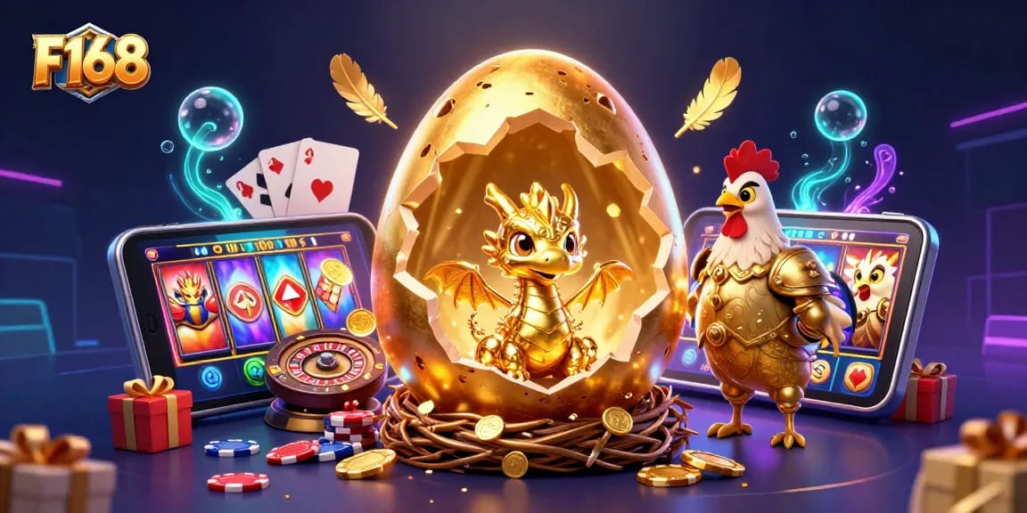 Experience the thrill of F168 with a golden dragon revealed from an egg surrounded by casino elements.