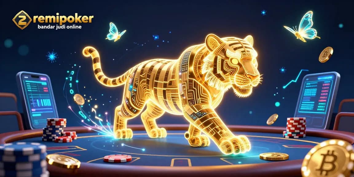 Play thrilling games at Remipoker bandar judi online amidst a vibrant casino scene featuring a golden tiger and crypto elements.