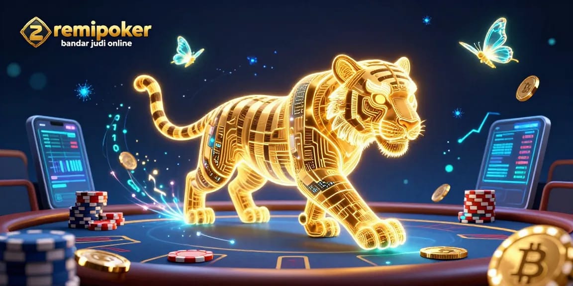 Play thrilling games at Remipoker bandar judi online amidst a vibrant casino scene featuring a golden tiger and crypto elements.