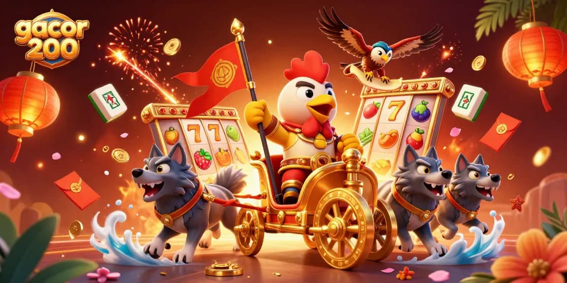 Engage with gacor 200 in a vibrant casino adventure featuring a rooster warlord and slot reels.