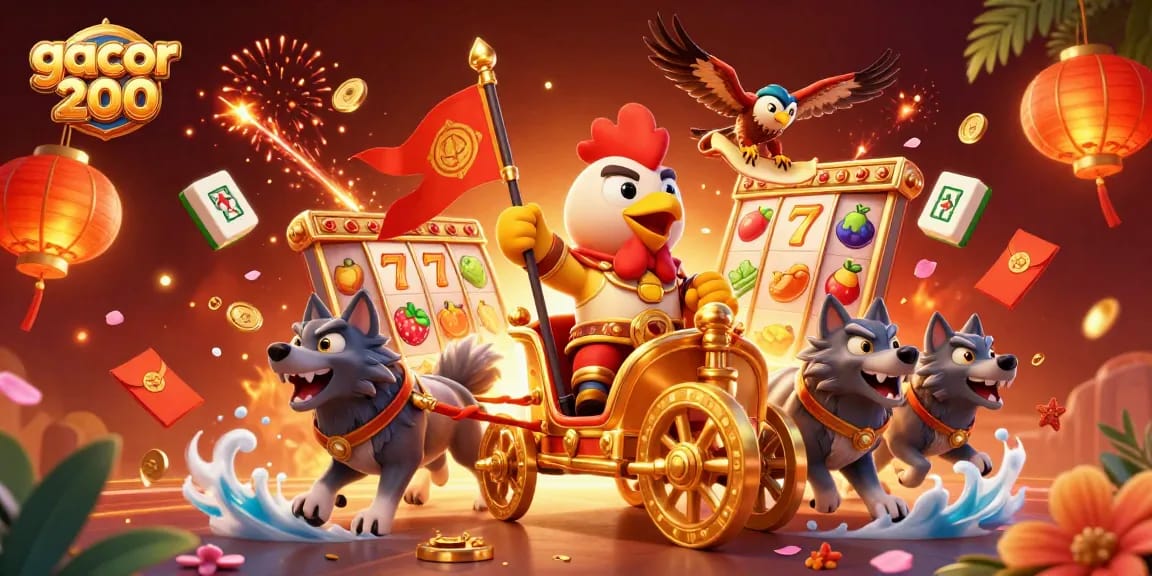 Engage with gacor 200 in a vibrant casino adventure featuring a rooster warlord and slot reels.