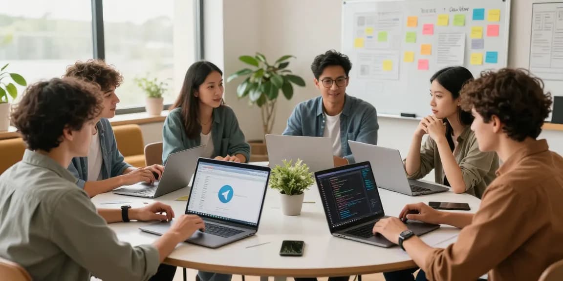 Creative team collaborating using 纸飞机中文版 and tech tools in modern workspace