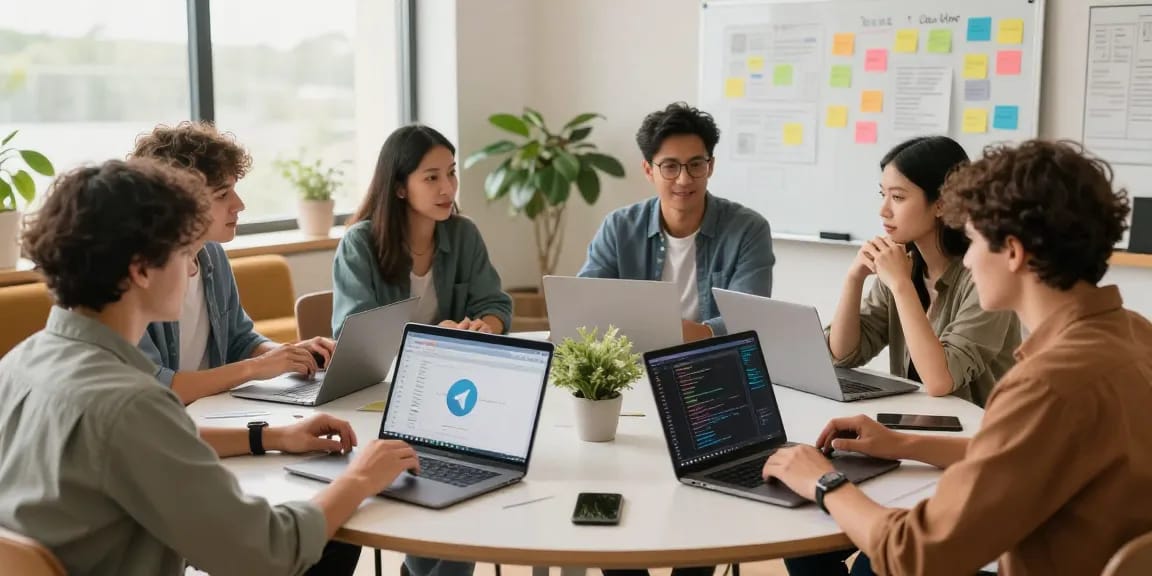 Creative team collaborating using 纸飞机中文版 and tech tools in modern workspace