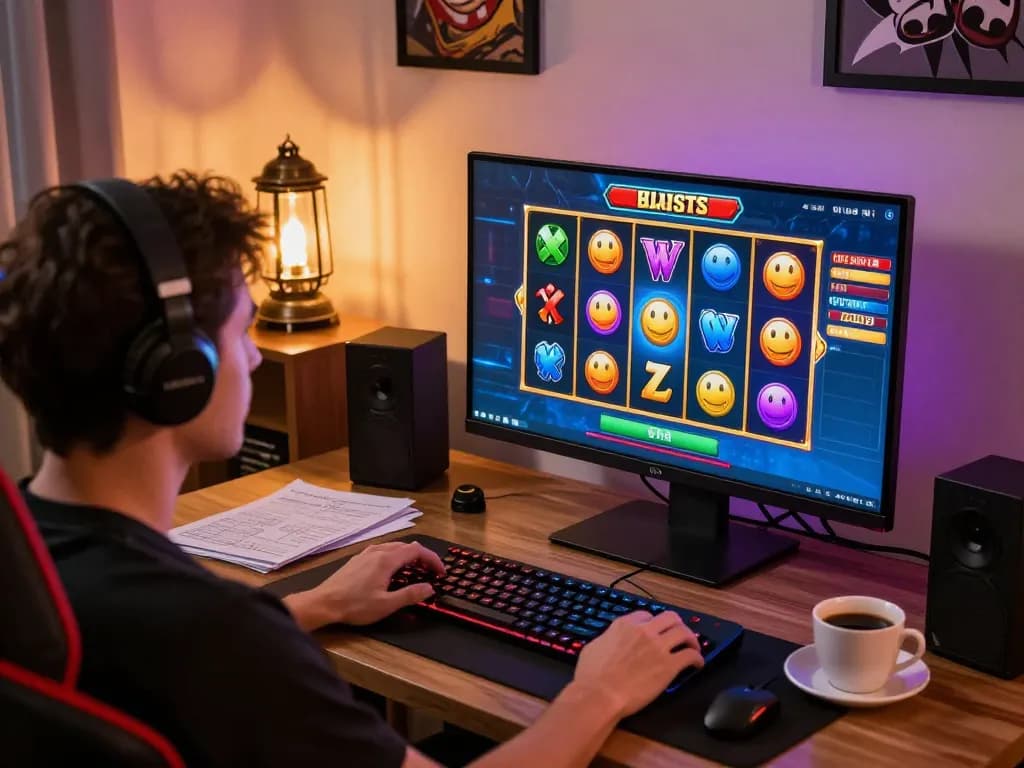 Engaged player enjoying situs slot games on a modern computer setup, displaying vibrant slot reels and gaming notes