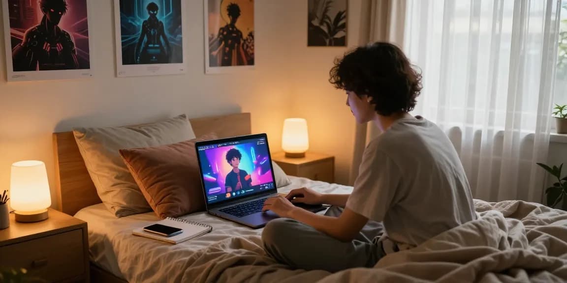 Engaging in NSFW AI chats in a cozy bedroom with a warm atmosphere.