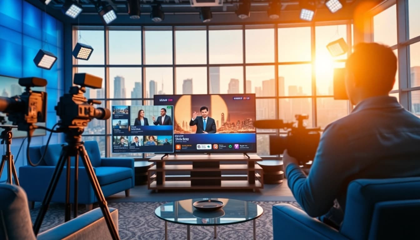 fadaeyat.com의 TV 방송 스튜디오에서 진행자가 촬영 중이다.