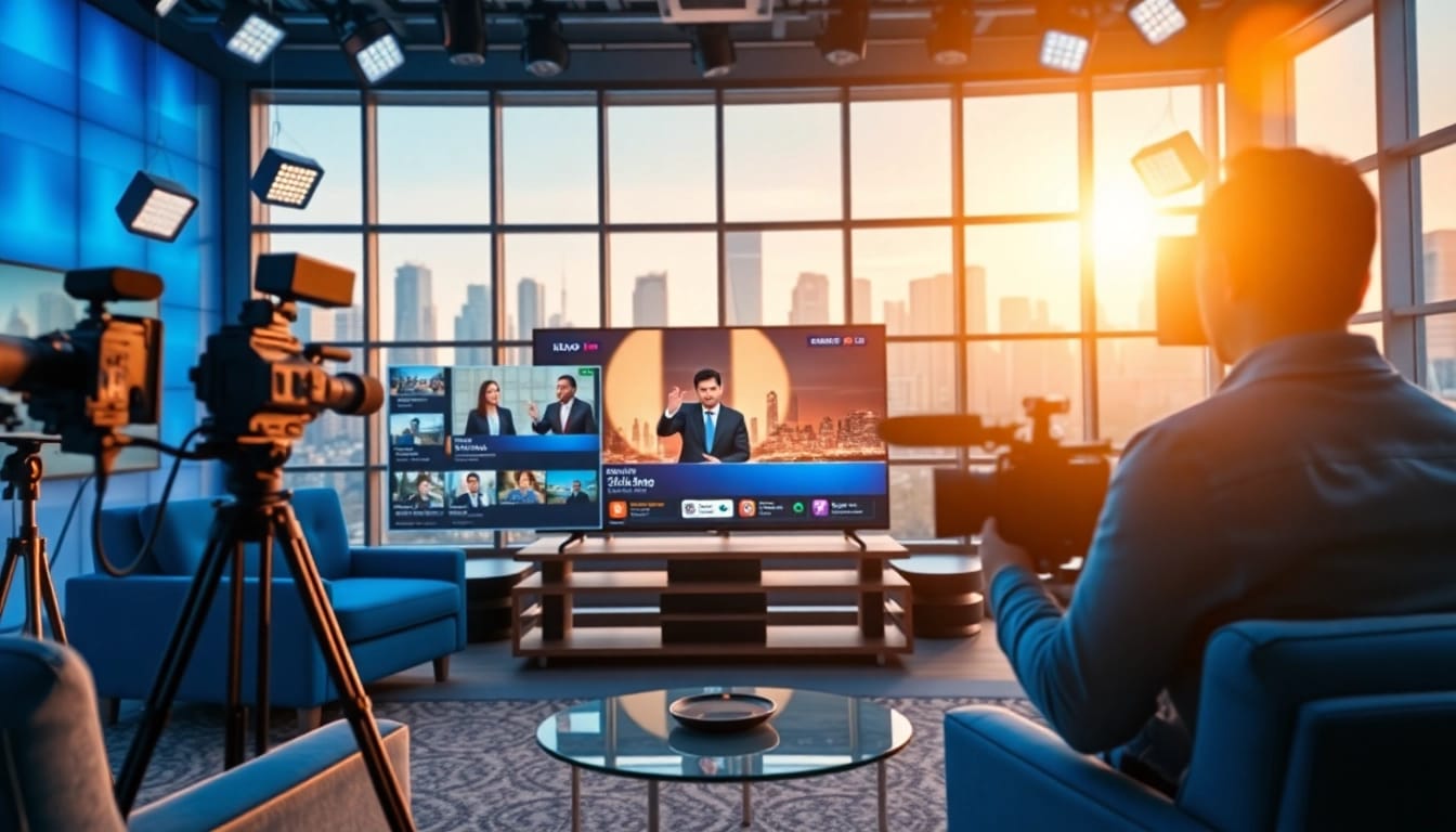 fadaeyat.com의 TV 방송 스튜디오에서 진행자가 촬영 중이다.