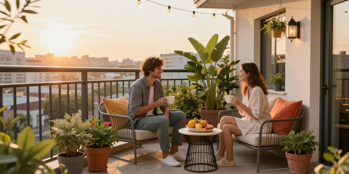 Couple enjoying coffee on balcony patio furniture surrounded by plants and decorations.