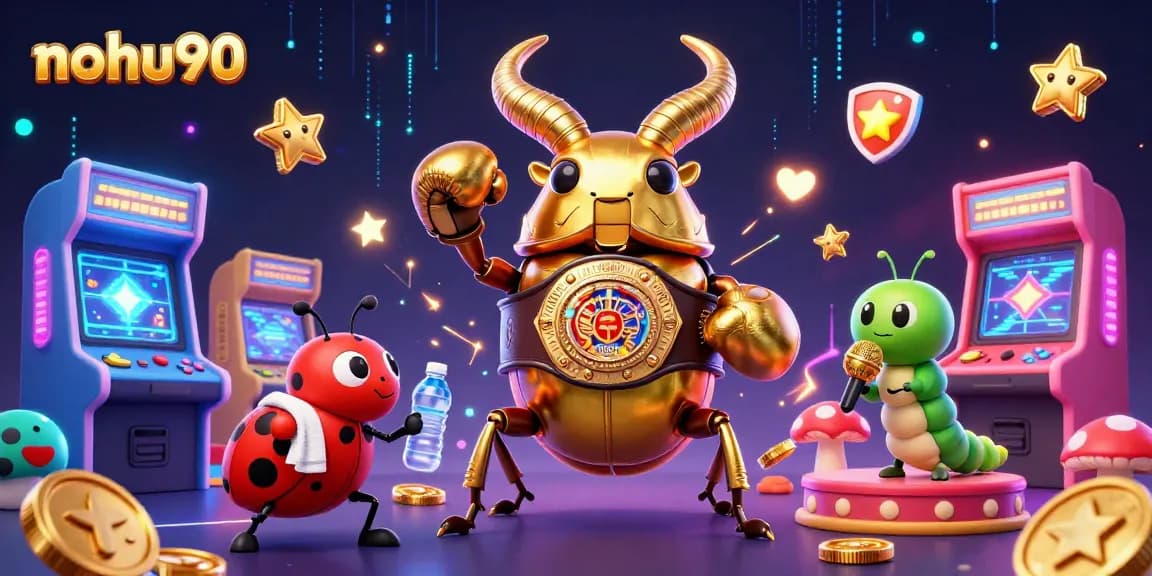 Nohu90 showcases a vibrant 3D cartoon casino scene with a boxing beetle champion, arcade elements, and dynamic gaming action.