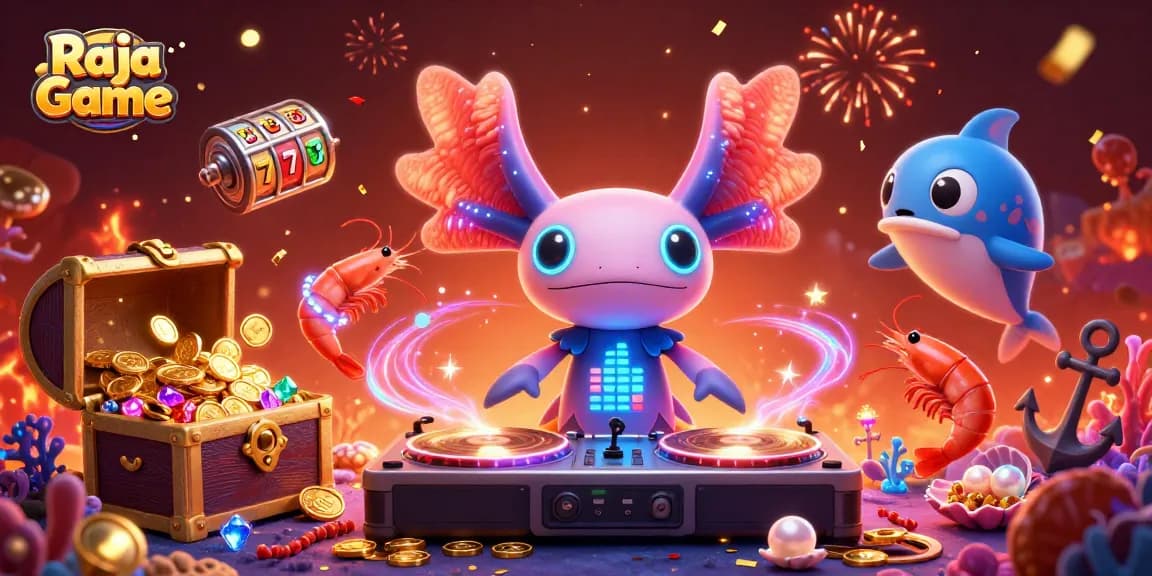Play and win on the Raja Game platform with vibrant illustrations of exciting games, engaging players and rewards.