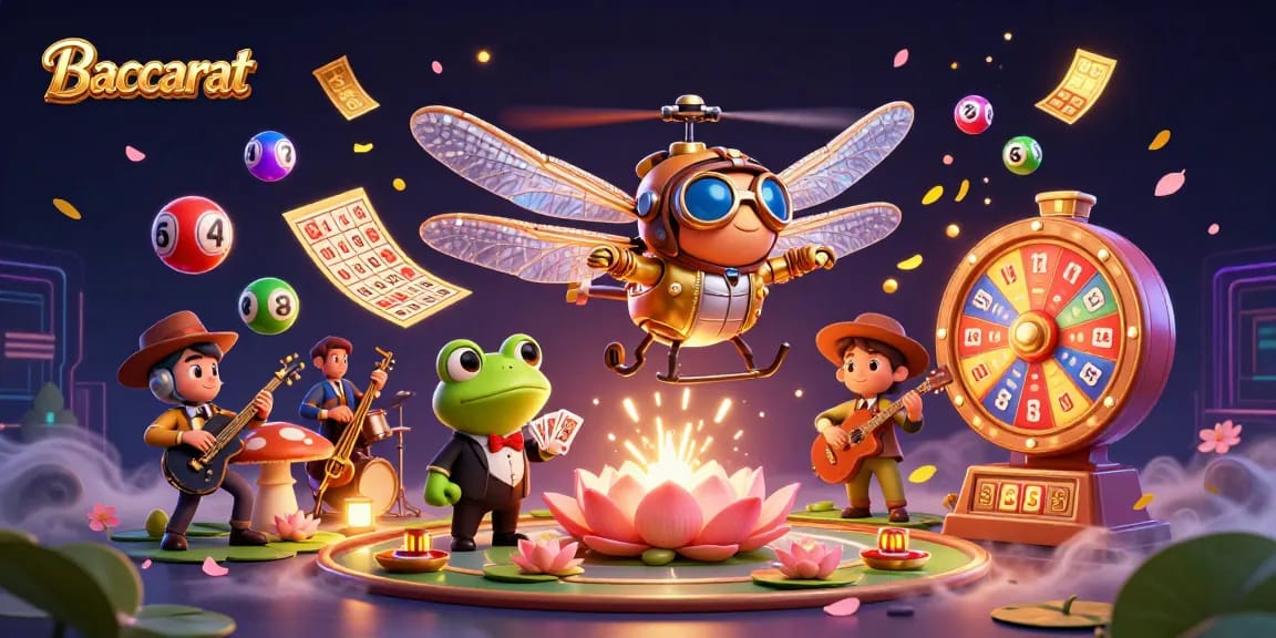 Baccarat game scene with a dragonfly pilot, frog croupier, and jazz musicians creating a vibrant gambling atmosphere.