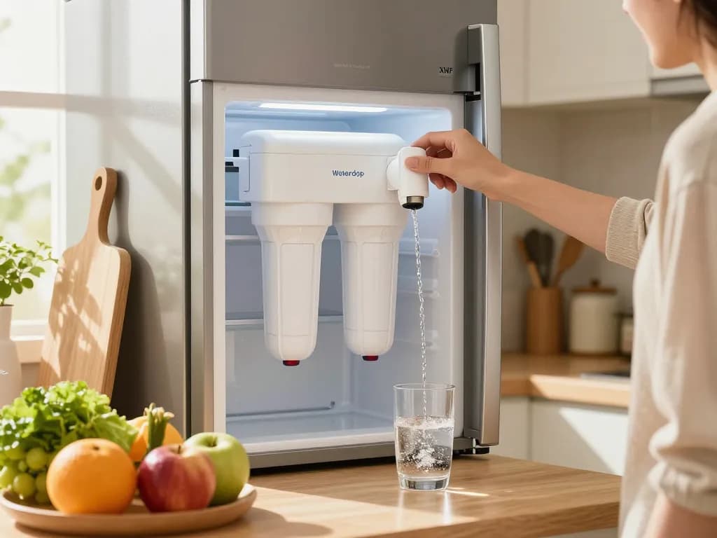 Home kitchen scene showing Waterdrop XWF Refrigerator Water Filter installation with clean water.