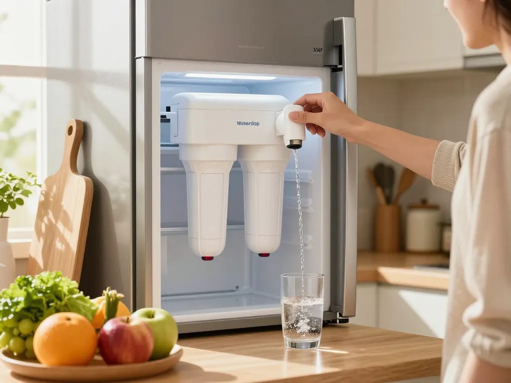 Home kitchen scene showing Waterdrop XWF Refrigerator Water Filter installation with clean water.