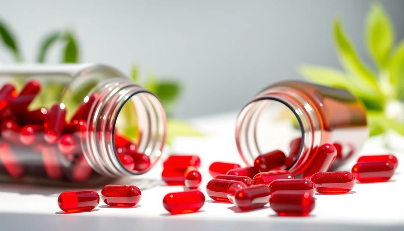 Showcase natural astaxanthin softgels in a glass bottle with lush greenery backdrop.