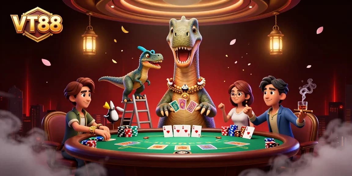 VT88 depicts a brontosaurus in a vibrant casino scene, engaging players at the poker table.