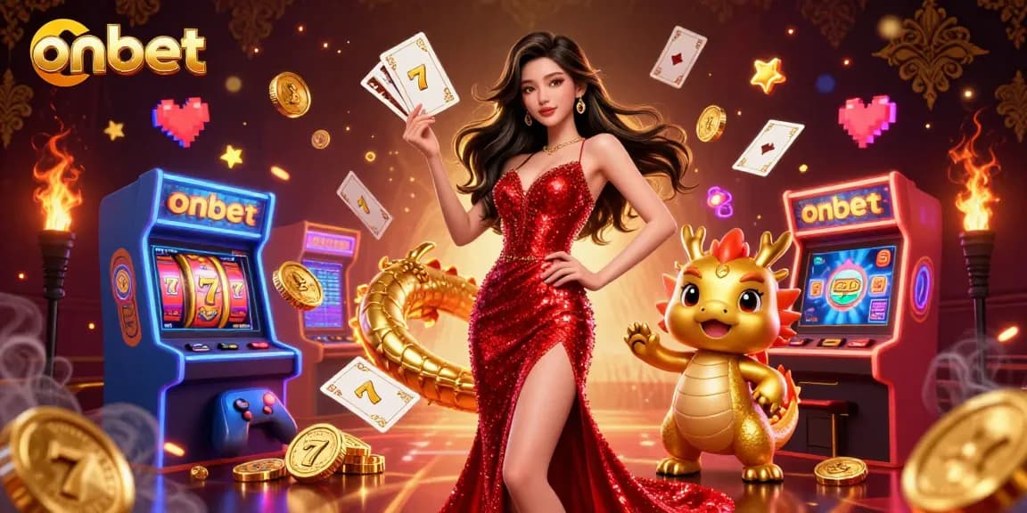 Experience exciting gaming at onbet with a captivating Asian woman and a golden dragon mascot in a vibrant casino scene.