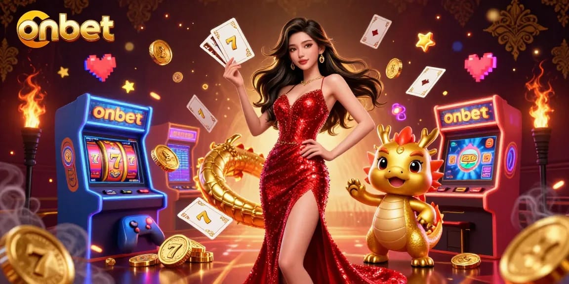 Experience exciting gaming at onbet with a captivating Asian woman and a golden dragon mascot in a vibrant casino scene.