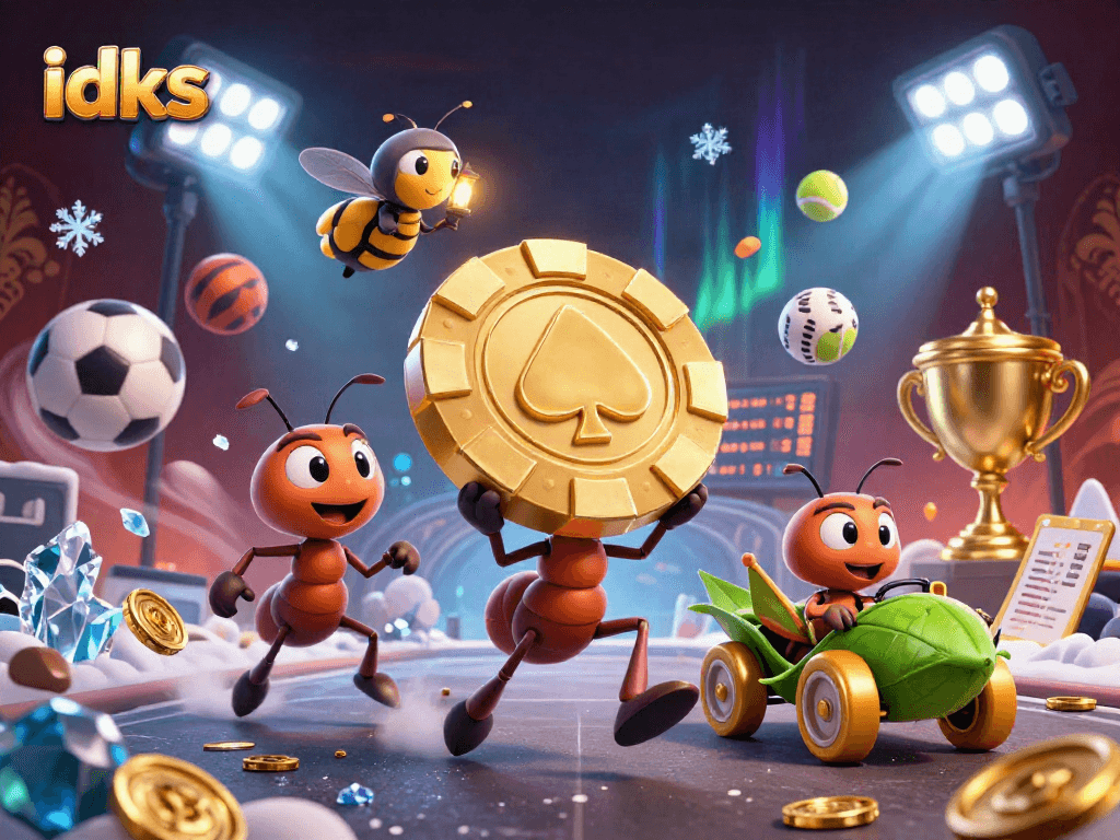Ant-ant 3D yang mencuri chip poker emas besar, dalam suasana kasino idks yang dinamis.