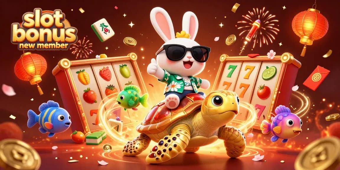Win exciting rewards with the slot bonus new member, celebrating vibrant casino elements in this lively illustration.