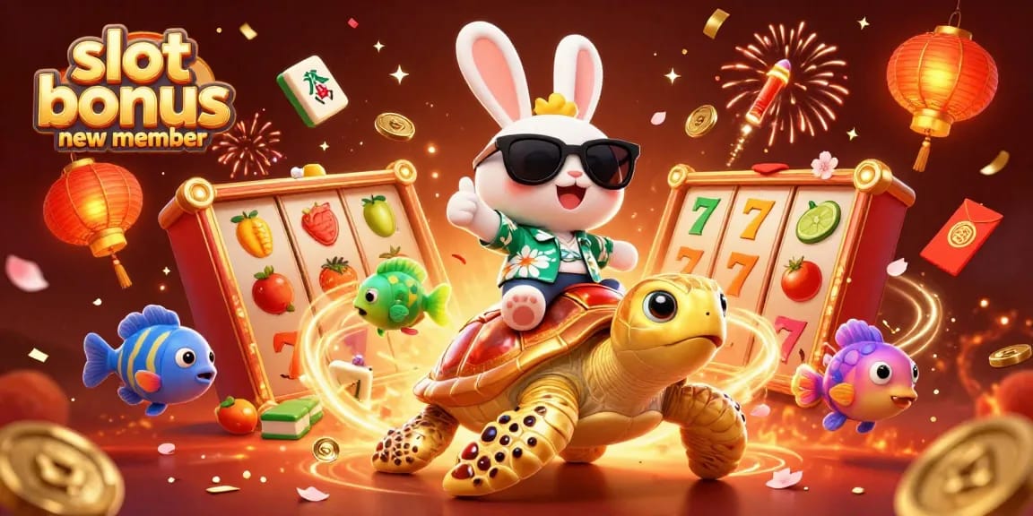 Win exciting rewards with the slot bonus new member, celebrating vibrant casino elements in this lively illustration.