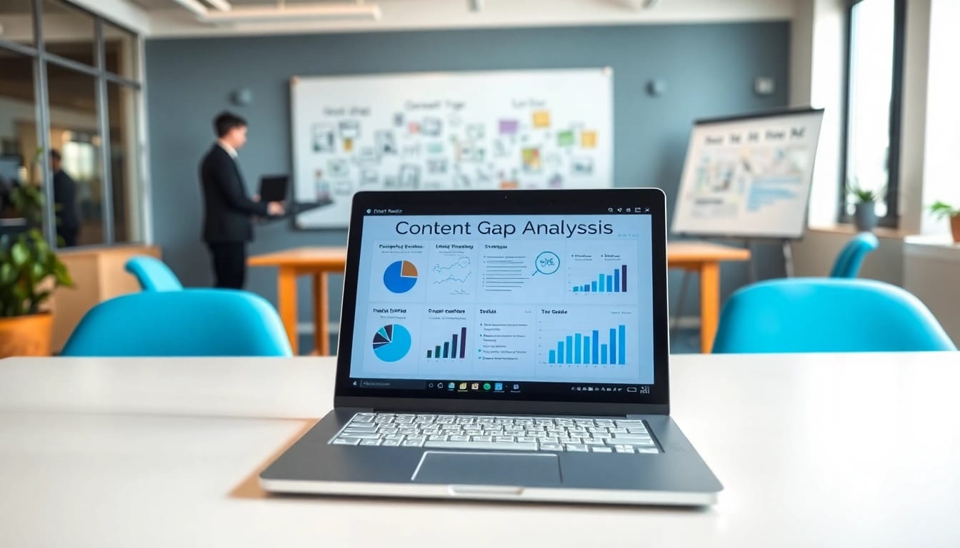 Engaging visual of Content Gap Analysis process showcasing data insights and teamwork.