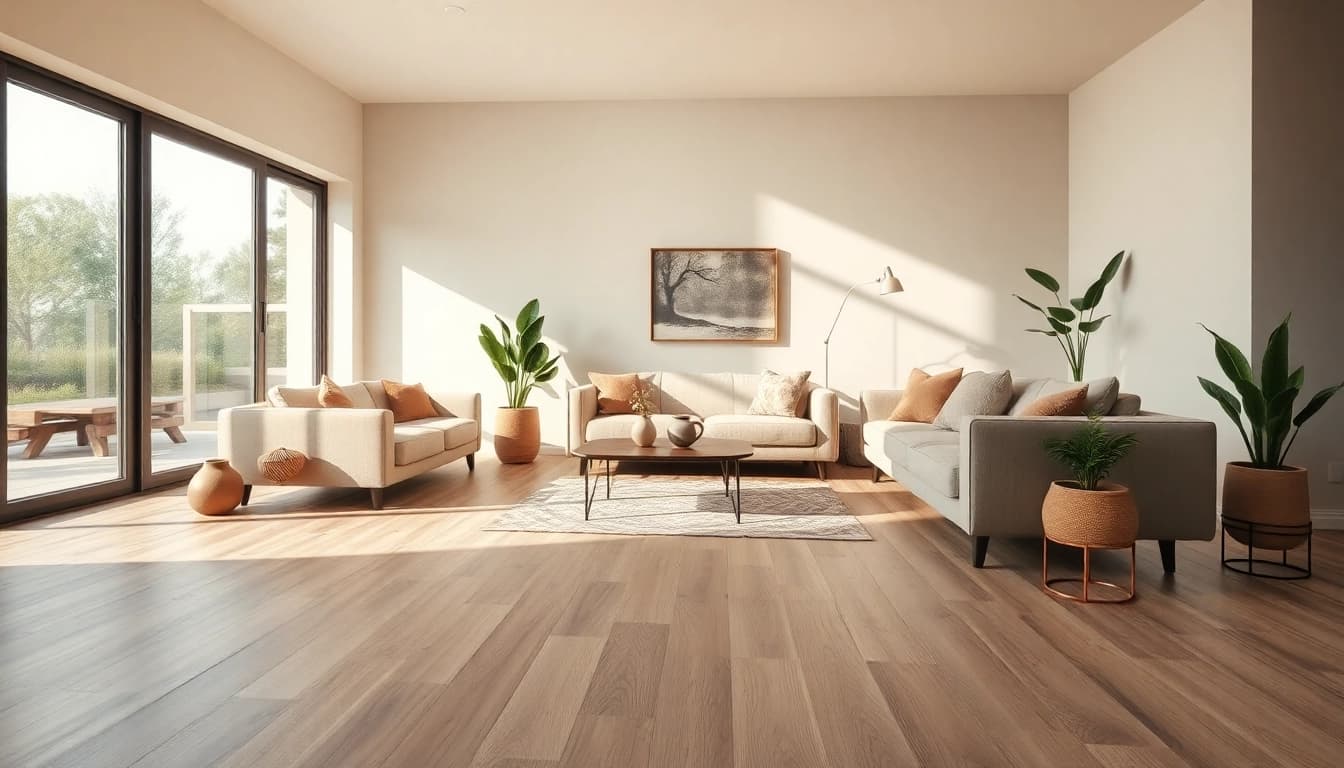 Elegant waterproof vinyl flooring in a modern living room area enhancing the space's aesthetics.