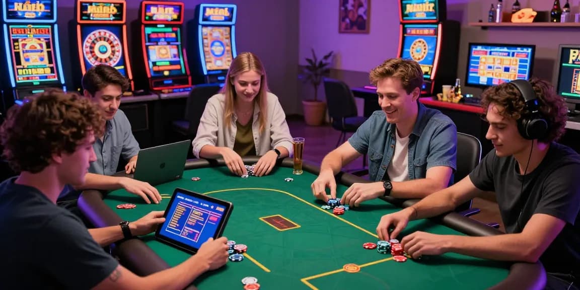 Joueurs engagés dans un jeu de poker dans un casino en ligne à domicile avec des écrans vibrants.