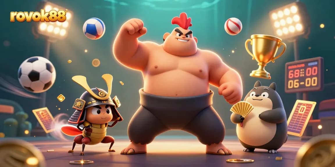 Experience gaming excitement with rokok88 as dynamic sports elements surround cartoon characters.