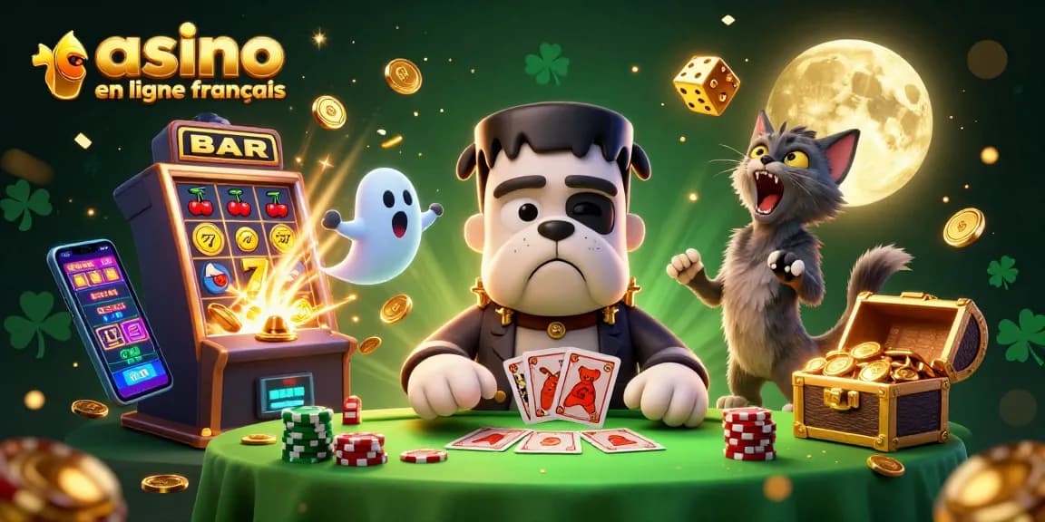 Jouez à des jeux de hasard au casino en ligne français avec un bulldog monstrueux et un chat-loup dans un décor vibrant.