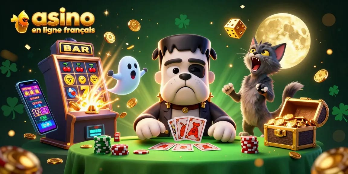 Jouez à des jeux de hasard au casino en ligne français avec un bulldog monstrueux et un chat-loup dans un décor vibrant.