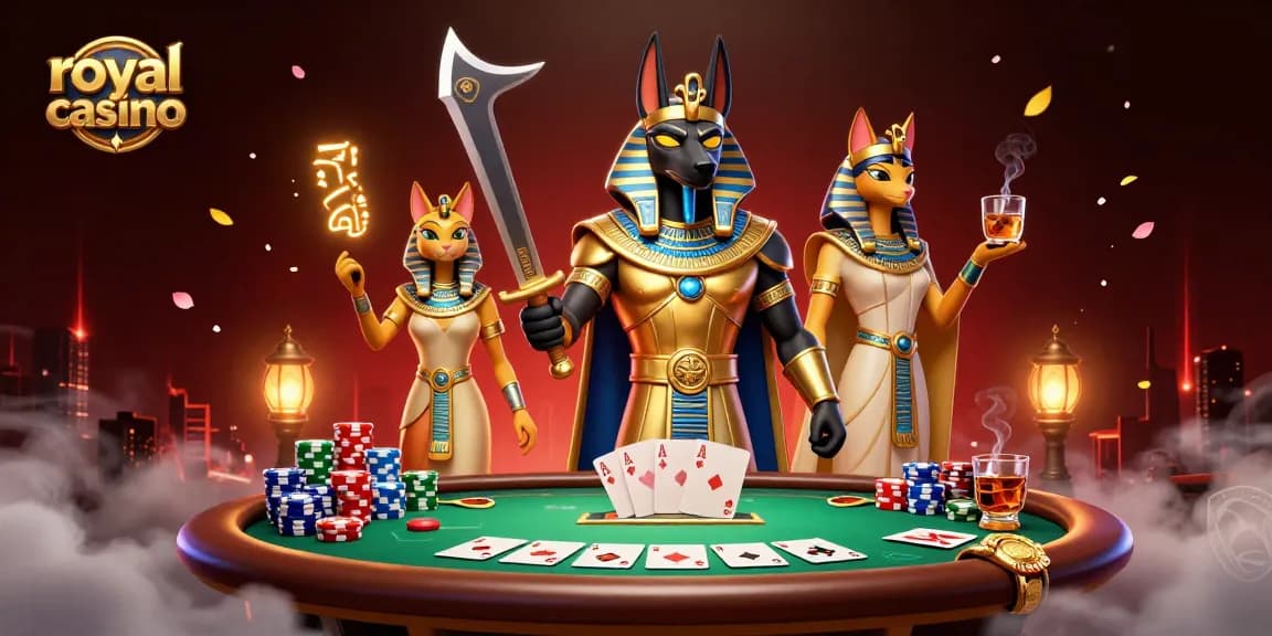 Engage in thrilling gameplay with royal casino poker action featuring Anubis and Bastet.
