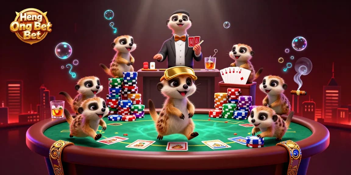 Experience top casino actions with Heng Ong Bet featuring vibrant meerkat characters in an elaborate gaming scene.