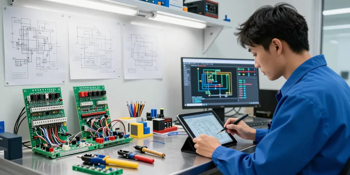 Engineer's workspace showcasing wire connectors terminals and electrical components in a professional setting.