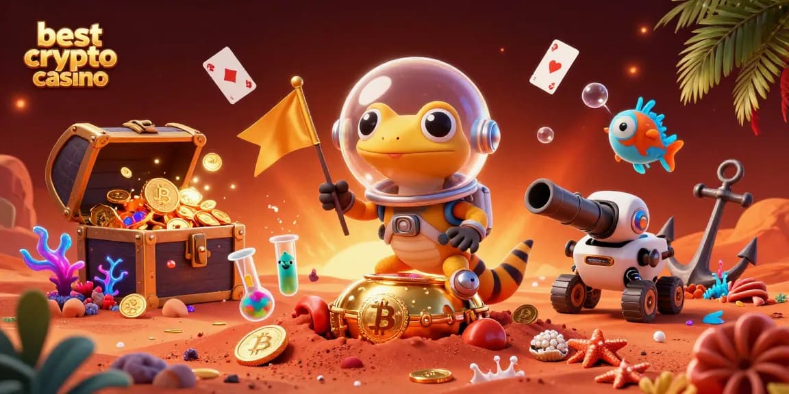 Gagnez avec le meilleur casino crypto, découvrant un casino doré rempli de pièces sous-marines.