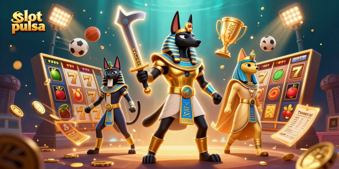 Slot pulsa dengan Anubis dan Bastet di dunia perjudian, simbol keren dan jackpot.