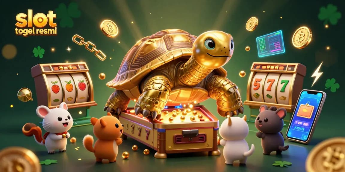 Engage with the vibrant slot togel resmi experience featuring a golden tortoise and slot elements in play.