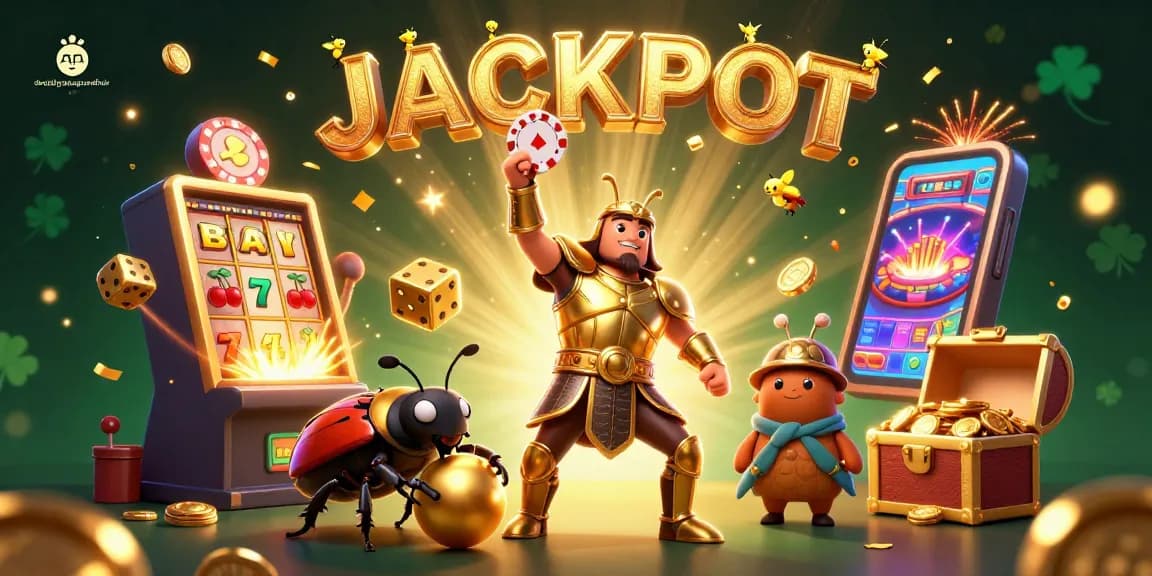 Permainan slot karya deedalymakeupandhair dengan karakter unik mengangkat chip poker di atas kepala.