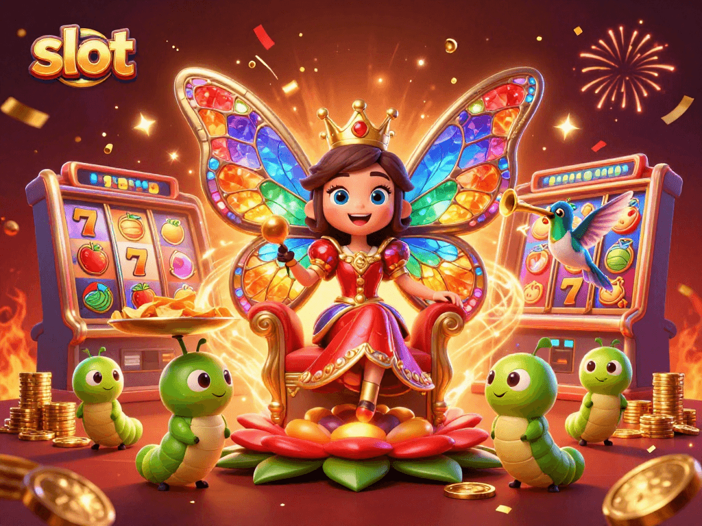Score big wins with slot machines in this vibrant 3D casino scene featuring a butterfly queen.