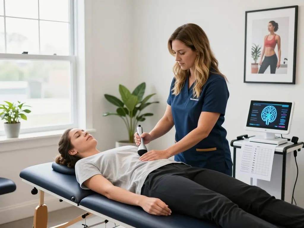 Chiropractic services at Synaptic Chiropractic, featuring Dr. Andrea providing gentle adjustments in a welcoming office.