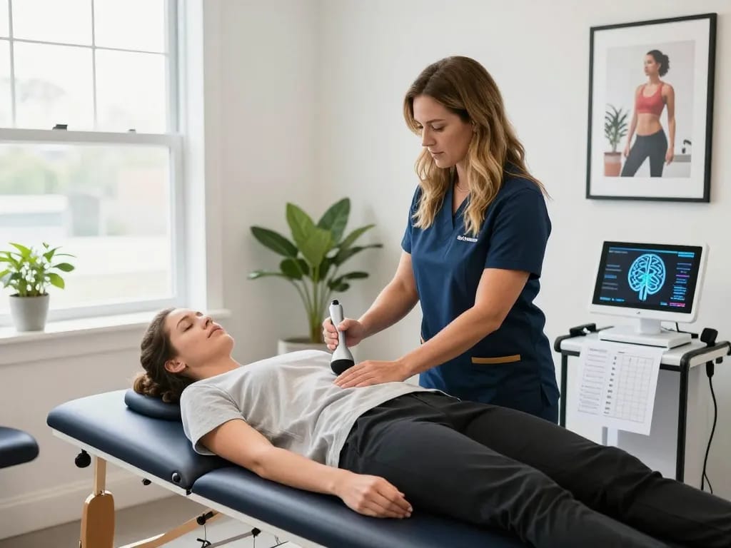 Chiropractic services at Synaptic Chiropractic, featuring Dr. Andrea providing gentle adjustments in a welcoming office.