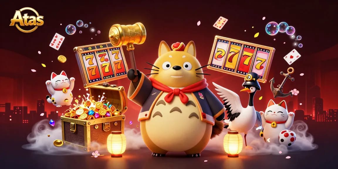 Atas casino’s vibrant scene featuring cheerful tanuki, lucky slots, and jackpot symbols.