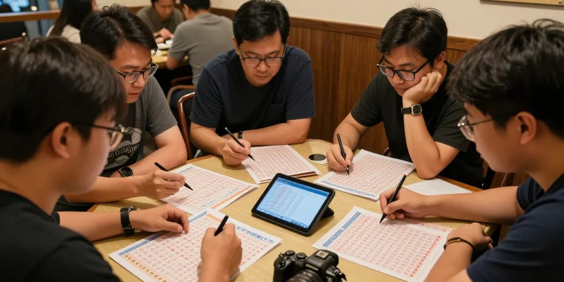 Analisis angka untung dengan pemain togel di kafe, fokus pada angka dan strategi pemenangan.