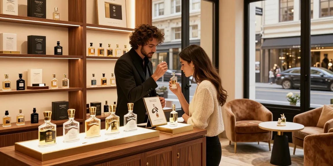 Elegant retail display showcasing Creed (Aventus only) among luxurious perfumes, inviting atmosphere.