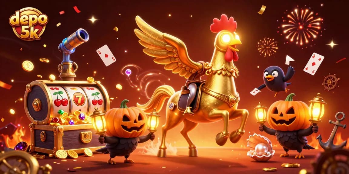 Join the excitement with depo 5k as golden rooster characters spin slot reels for big wins!