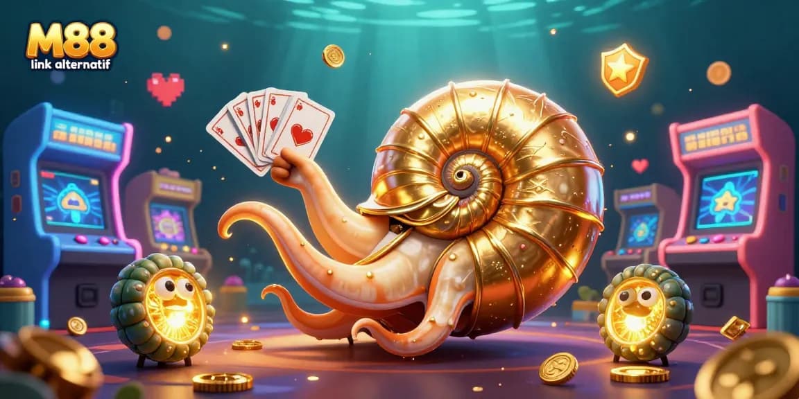 M88 link alternatif showcases vibrant casino action with a colorful ancient nautilus and gaming elements.