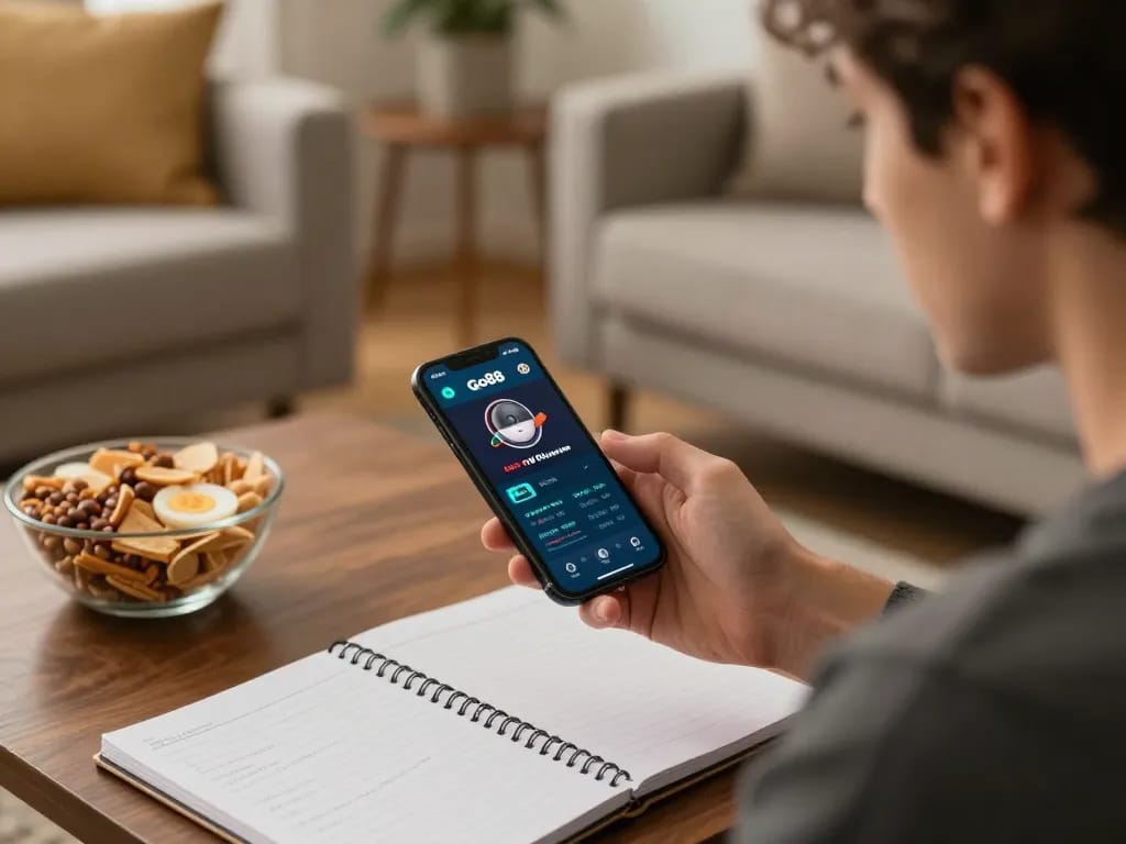 Người chơi đang sử dụng ứng dụng Go88 để chơi game trực tuyến trong không gian phòng khách ấm cúng.