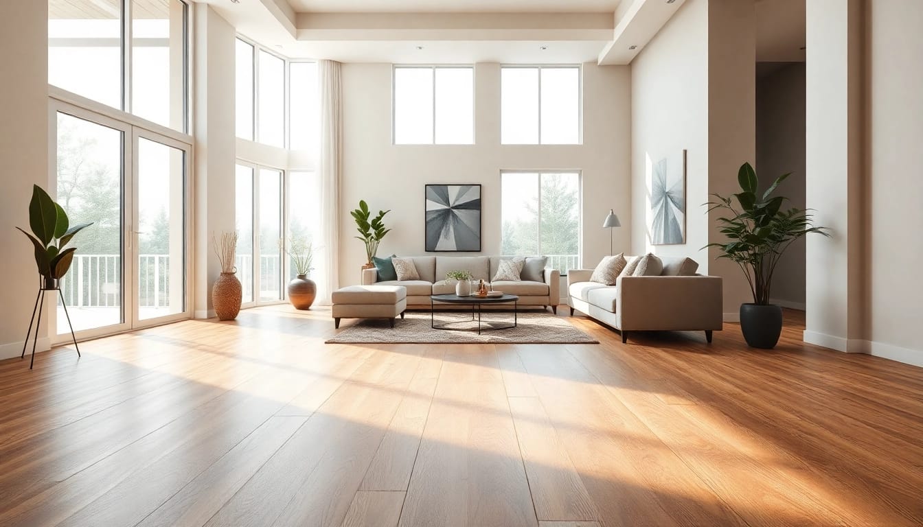 Showcasing lvp floors elegantly installed in a modern living room, highlighting texture and style.