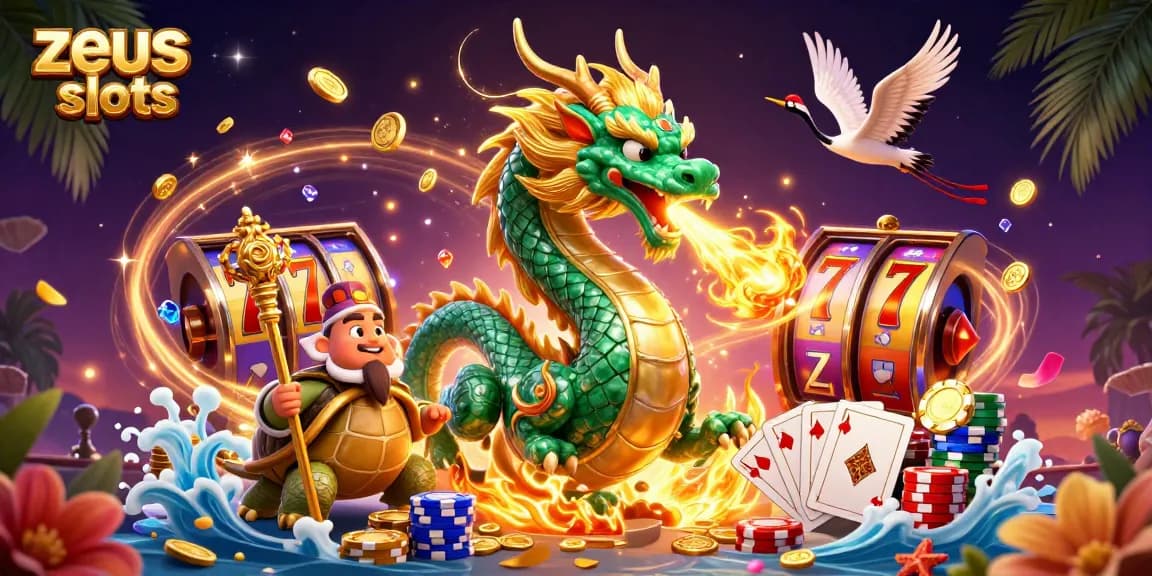 Engage with zeus slots through a dynamic scene featuring a jade dragon and vibrant casino elements.