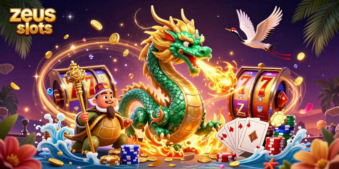Engage with zeus slots through a dynamic scene featuring a jade dragon and vibrant casino elements.