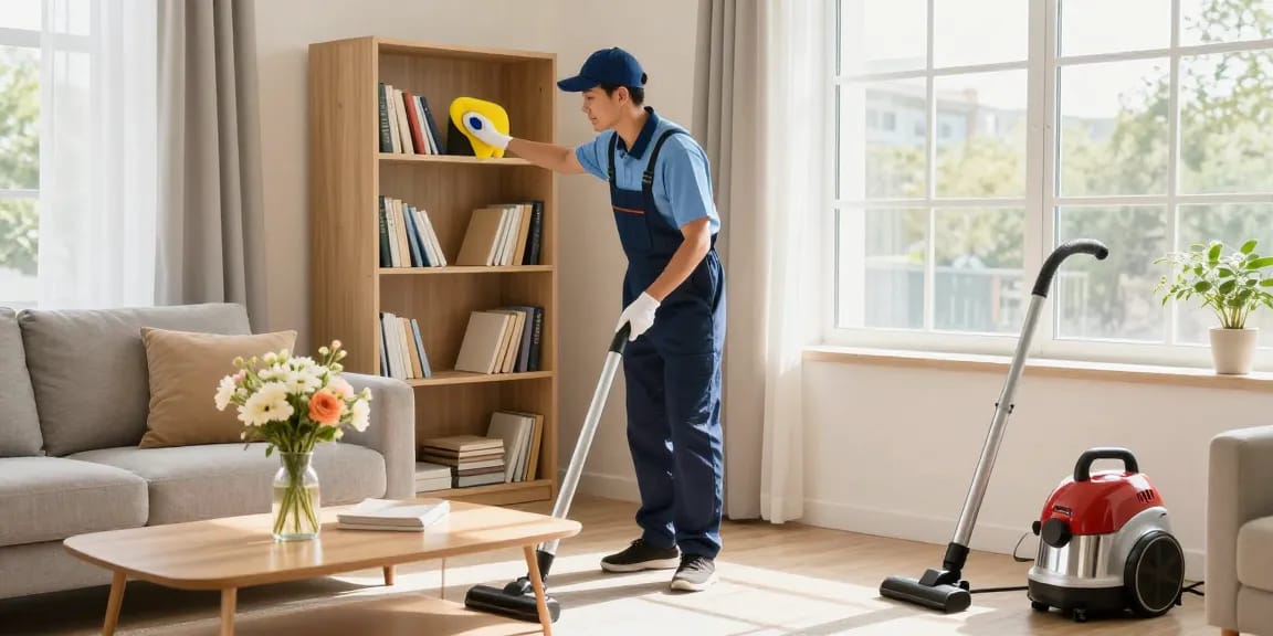 Professional cleaning service from https://atscleaning.co.uk/ refreshing a cozy living room with organized shelves and natural light.